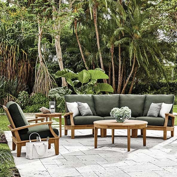 green rest oasis: ventura modular sofa (sectional left + wedge unit + sectional right) paired with two ventura reclining lounge chairs from ventura's deep seating collection</br><i>image provided courtesy of gloster furniture, inc.</i>