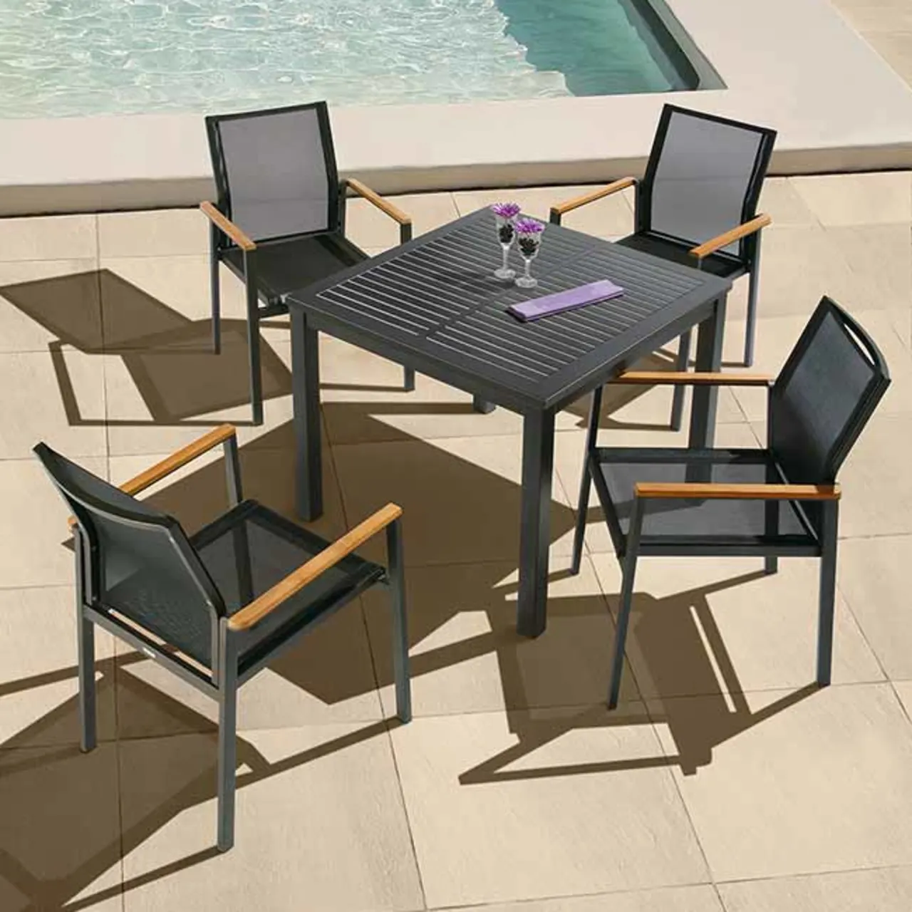 Barlow Tyrie Aura 35" Dining Table with Aura Stacking Armchairs