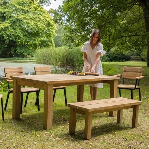Barlow Tyrie Titan Stacking Rustic Teak Armchairs and 51" Dining Bench with 71" Dining Table