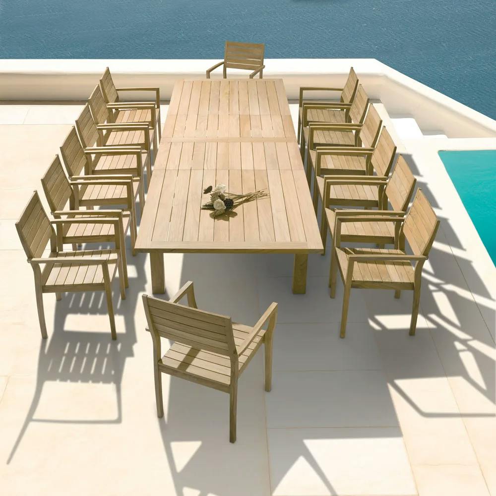 Barlow Tyrie Apex Extending Dining Table with Horizon Teak Stacking Armchairs