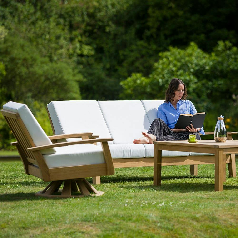cosy garden seating: the haven swivel rocker, 3-seater settee, and 39" square conversation table