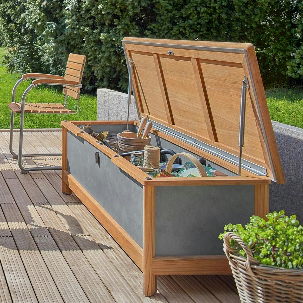 bountiful storage: the aven chest seat is wide enough to act as a bench and fits cushions and garden accessories