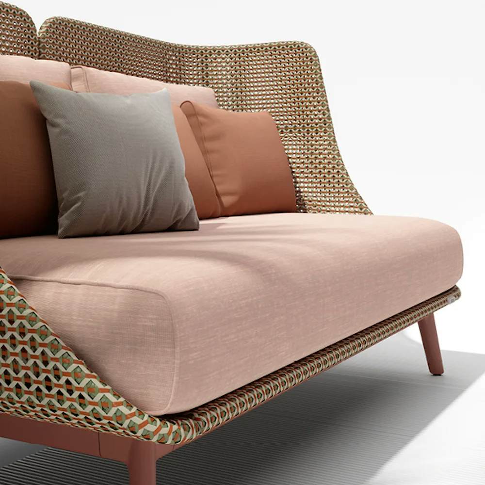 Indoor Refinement for MBARQ 3-Seater w/ High-Backrest [Chestnut weave and Terracotta aluminum frame] (Courtesy of DEDON)