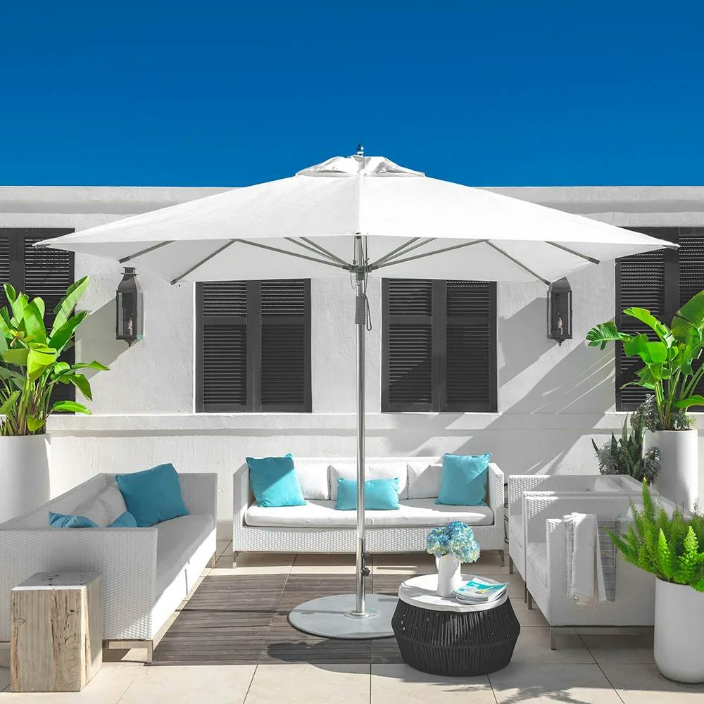 generous shade: 10' square monterey giant patio umbrella with white fabric