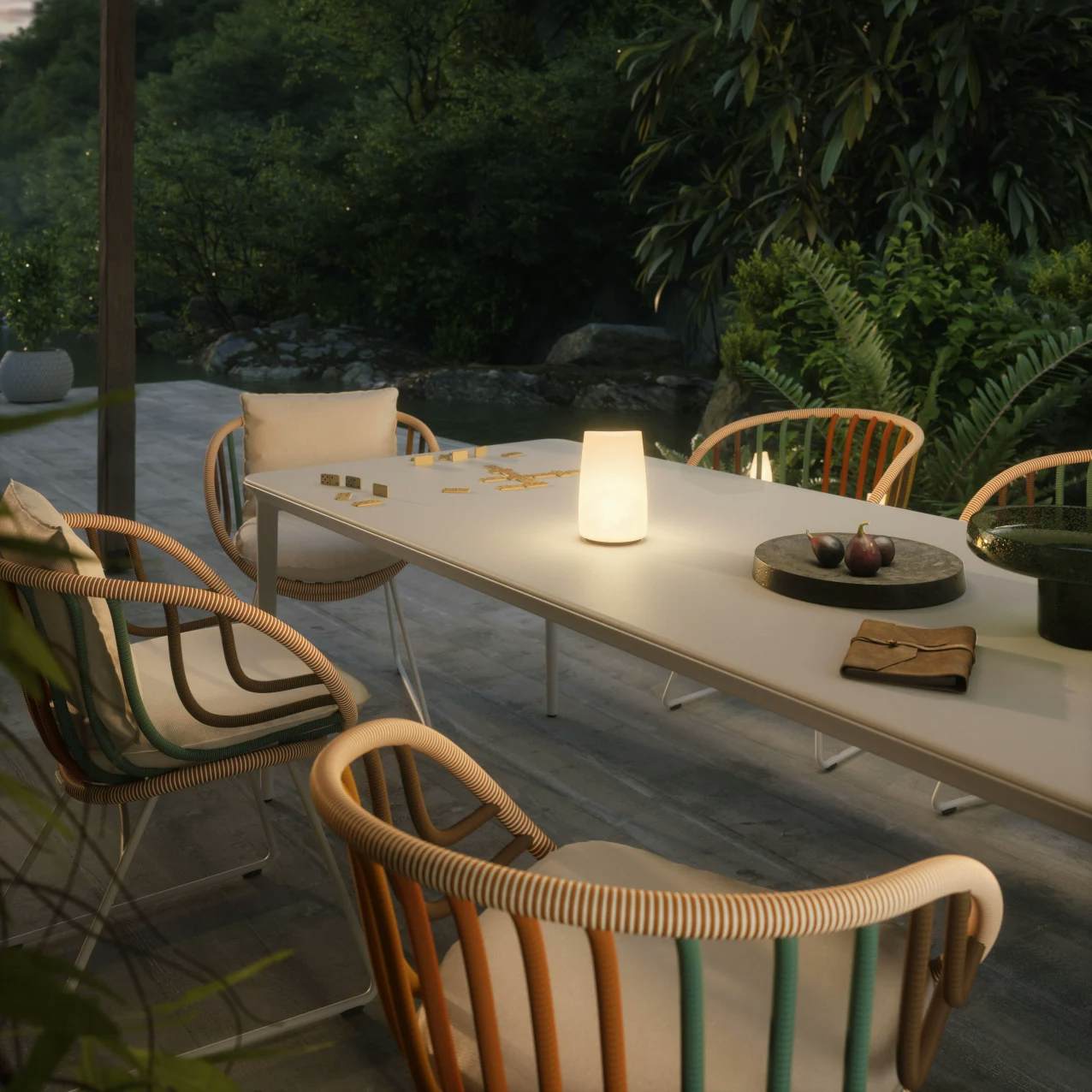 DEDON BELLMONDE Dining Table | KIDA Armchairs | OMBII LED Lamp