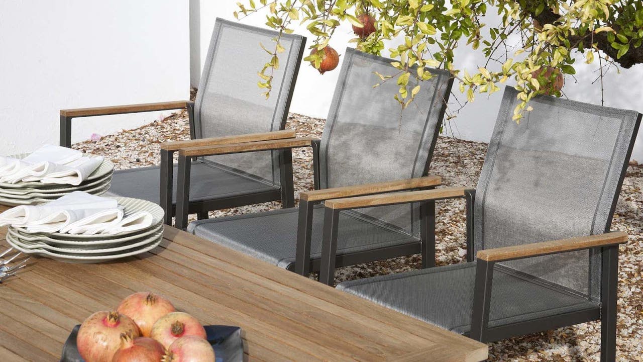 Barlow Tyrie Aura dining armchairs | Teak armrests | Charcoal Sling