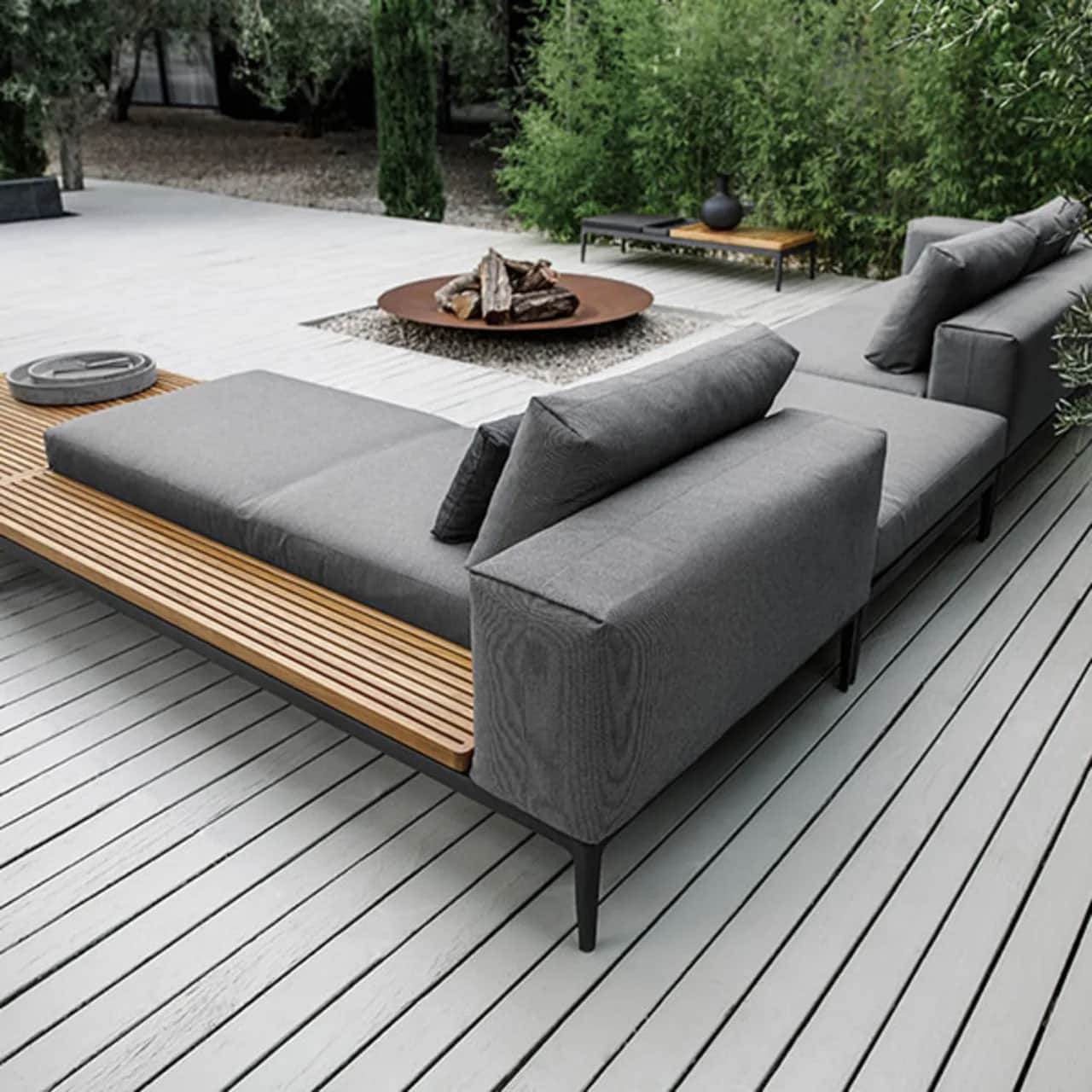 grid right chaise unit, ottoman, left end unit with two coffee tables