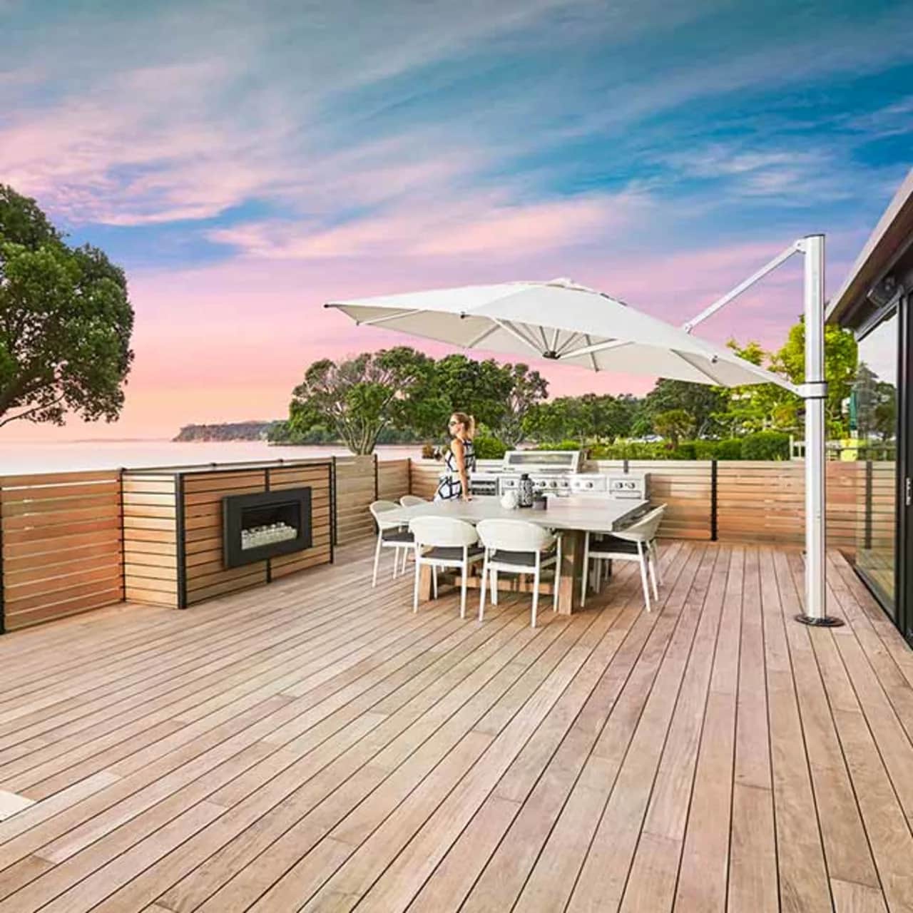 Frankford 13' Octagonal Eclipse Cantilever Umbrella in Linen Canvas Fabric