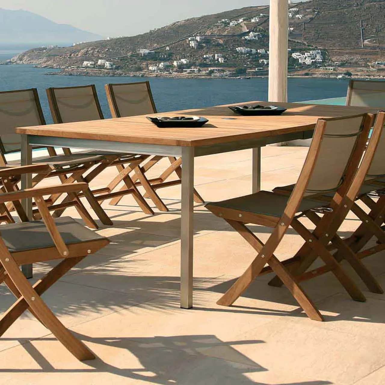 Barlow Tyrie Equinox 59-90" Extending Dining Table with Horizon Side Chairs (Sling, Platinum)