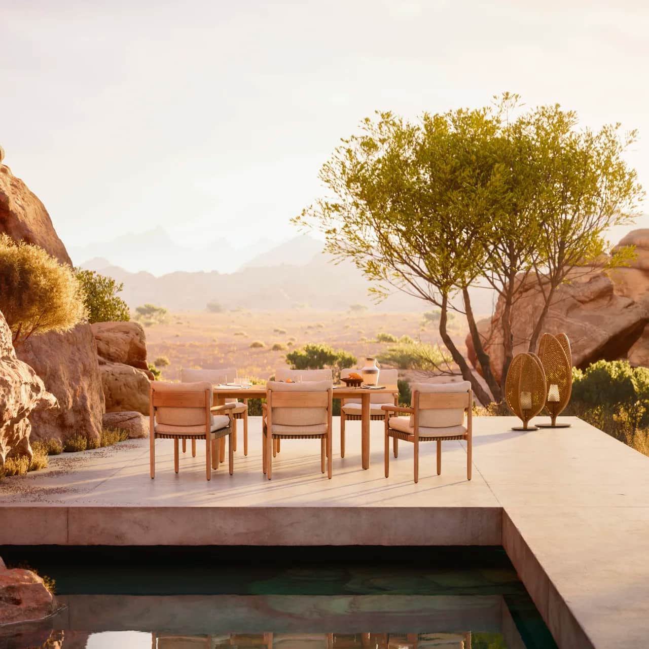 DEDON TIBBO Dining Table and Armchairs | OMBII LED Lamps | SCOORA Lanterns