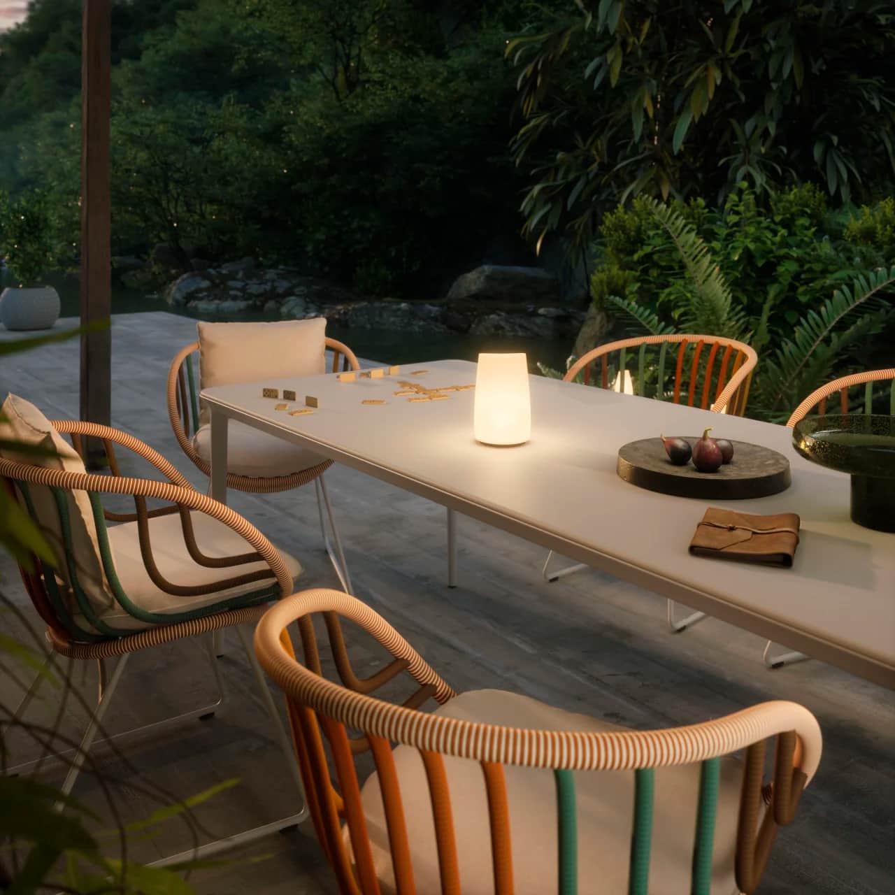DEDON BELLMONDE Dining Table | KIDA Armchairs | OMBII LED Lamp