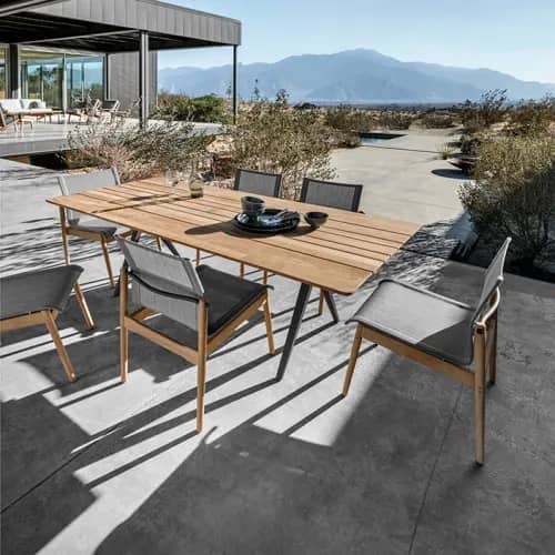 six sway side chairs (meteor/ granite) with gloster split 67" teak table