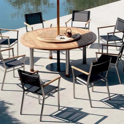 Barlow Tyrie Equinox 71" Teak Dining Table with 40" Lazy Susan and Armchairs (Sling, Charcoal)