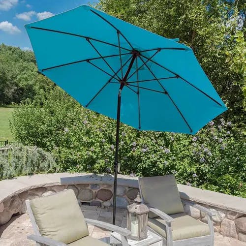 indulge in color: 9' octagonal monterey crank auto tilt tilting patio umbrella in fresh turquoise and subtle black pole finish