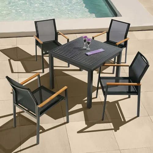 light movable pool setting: aura 35" square all aluminum dining table paired with four aura stacking armchairs (powder-coated aluminum frame, graphite