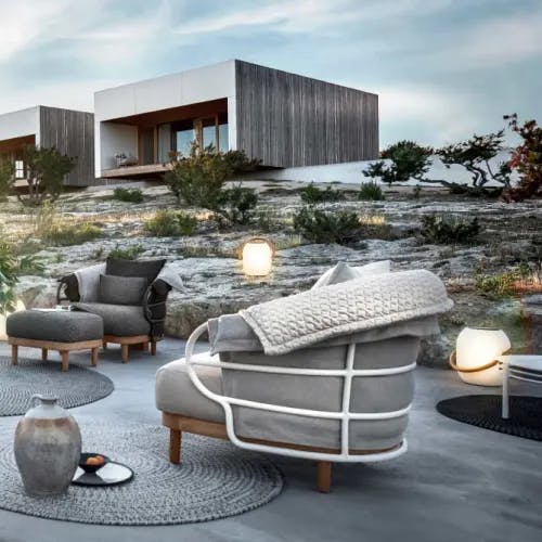 Gloster Dune Lounge Chairs & Ottoman | Ambient Cocoon Outdoor Lights