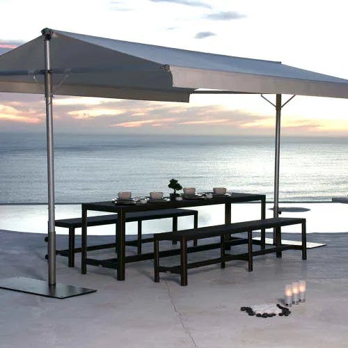 festive or casual: papillon dual-pole shade with stainless steel poles and canopy in sunbrella canvas