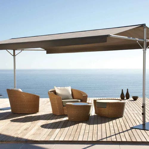 enjoy the view: papillon dual-pole shade with stainless steel poles and canopy in sunbrella heather beige