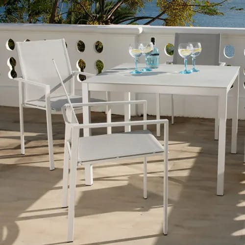 Barlow Tyrie Equinox 39" Square Dining Table (Finishes: Arctic White/ Frost/ Seagull) with Dining Armchairs