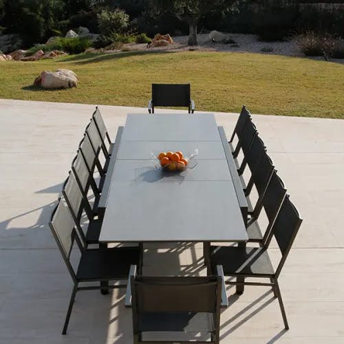 Barlow Tyrie Equinox Extending Table (Finishes: Graphite/ Carbon/ Dusk) with Equinox Armchairs and Side Chairs