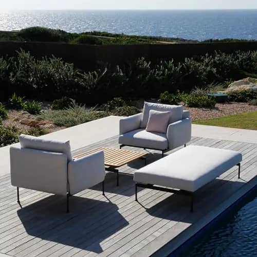 Barlow Tyrie Layout Armchairs with 32" Teak Low Square Table and Double Ottoman