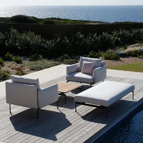 let's sit outside and talk: layout armchairs with low arms, 32" square low table and double ottoman