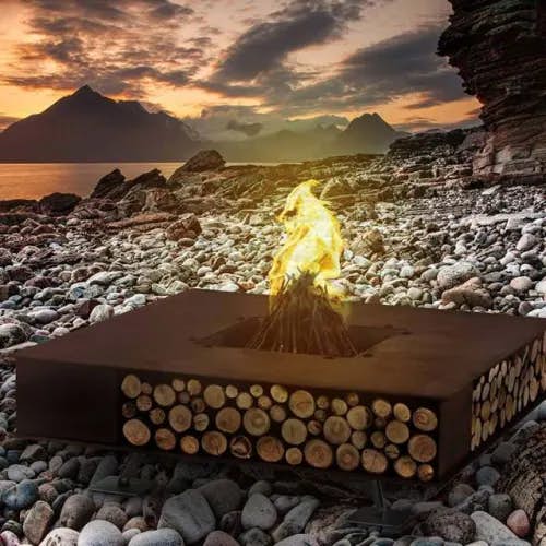 get toasty: ak47 design's square fire pit in a stunning setting