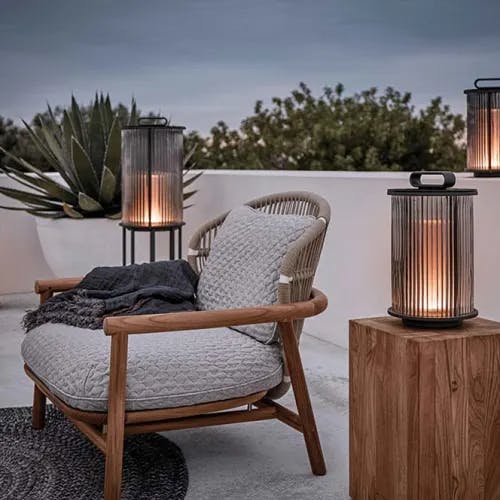 Gloster Ambient Line Small Lantern | Block Side Table | Fern Low Back Lounge Chair