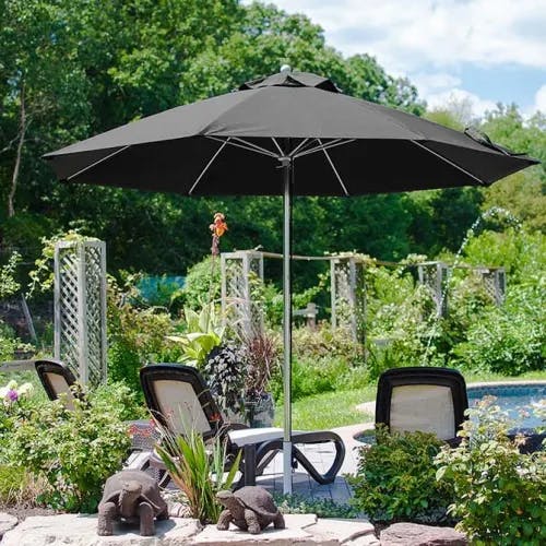 garden oasis: 11' octagonal monterey pulley w/ black canopy and silver pole finish