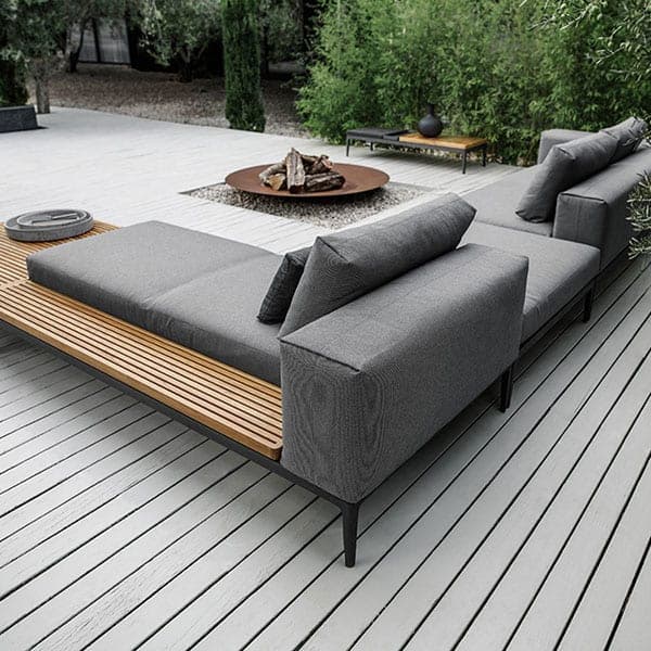 grid right chaise unit, ottoman, left end unit with two coffee tables