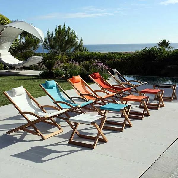 invitation to pause: beacher relax chair and footrest, available in numerous colors and 2 sling materials