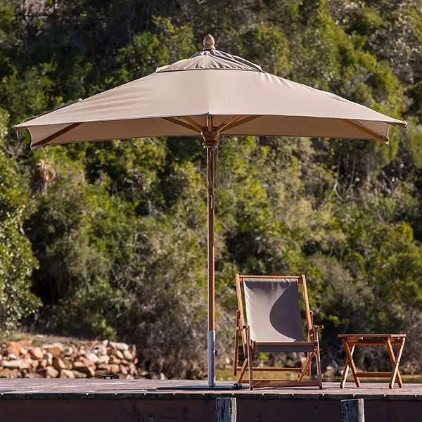 elegant shade solution: safari square center pole umbrella in sunbrella canvas color heather beige (base not included)