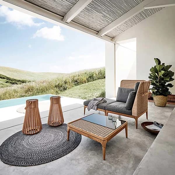 Gloster Ambient Ray Teak Lantern | Lima 32" Square Coffee Table | Lima High Back Right Corner / End Unit & Ottoman