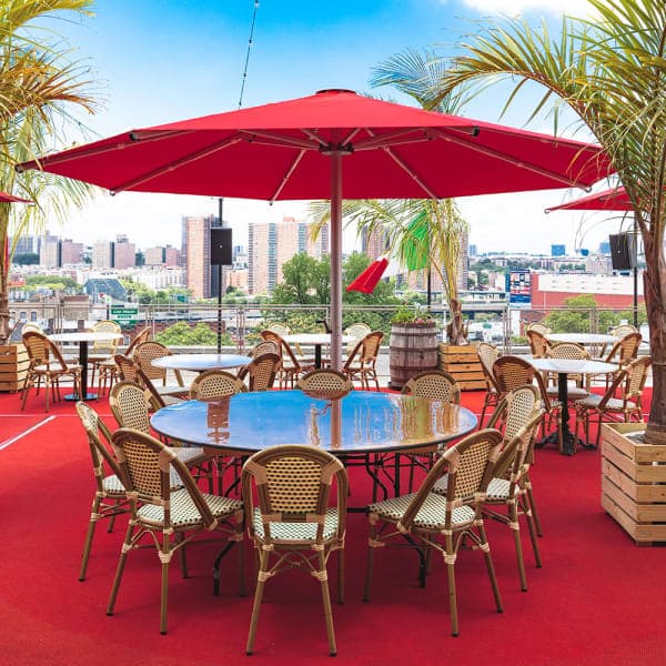 a new standard for shade: octagonal giant patio umbrella in logo red
