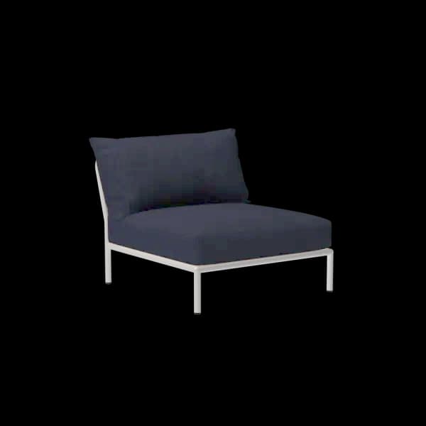 Houe Level 2 Chair | Muted White Powder-Coated Aluminum Frame | Indigo Sunbrella Heritage Fabric Cushion