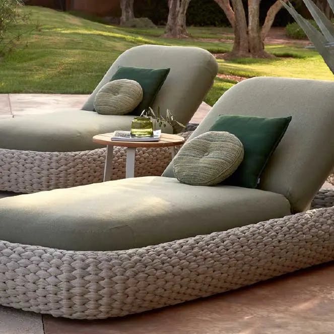 poolside luxury: two kobo loungers with their plush cushions all in outdoor, quick-dry materials (rope in pepper