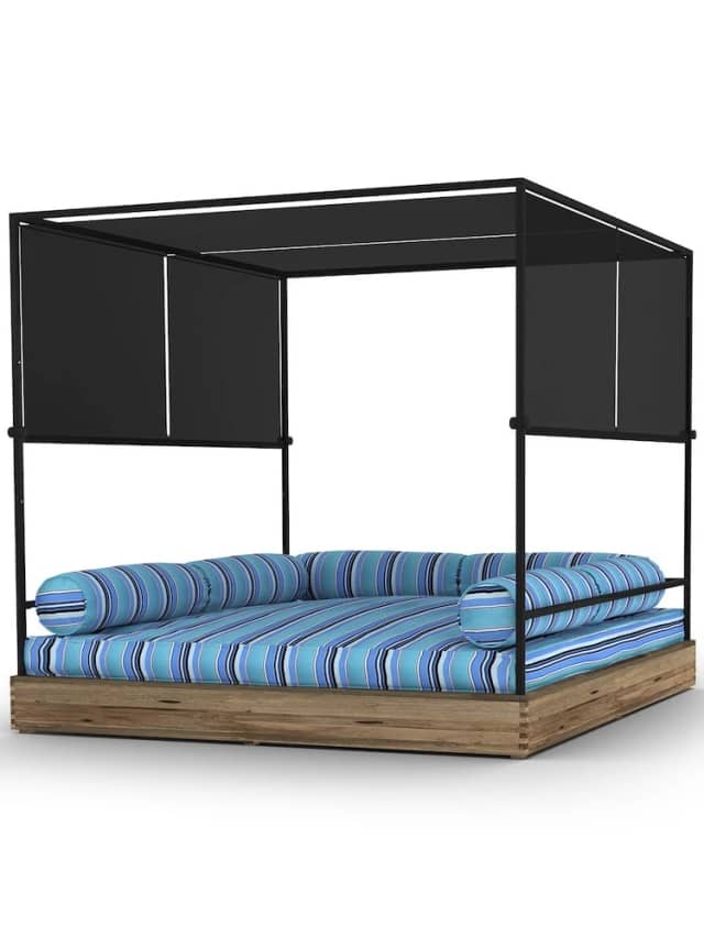 Frame Drift-Look Teak Original Finish | Drapery Batyline Black | Cushions Sunbrella Stripes Dolce Oasis | Shade/Rack Black