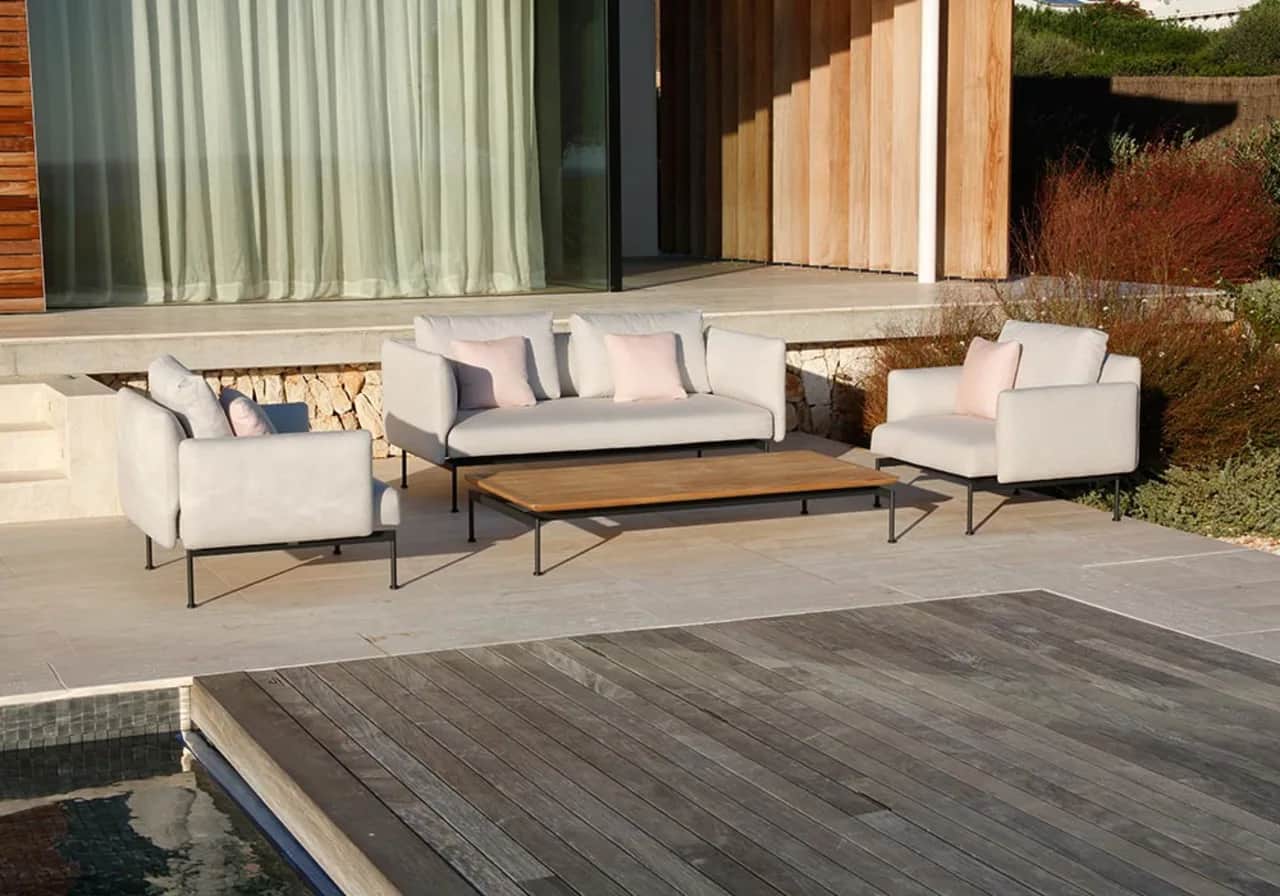 Barlow Tyrie Layout 2-Seat Settee and Armchairs with Layout 65" Teak Low Table