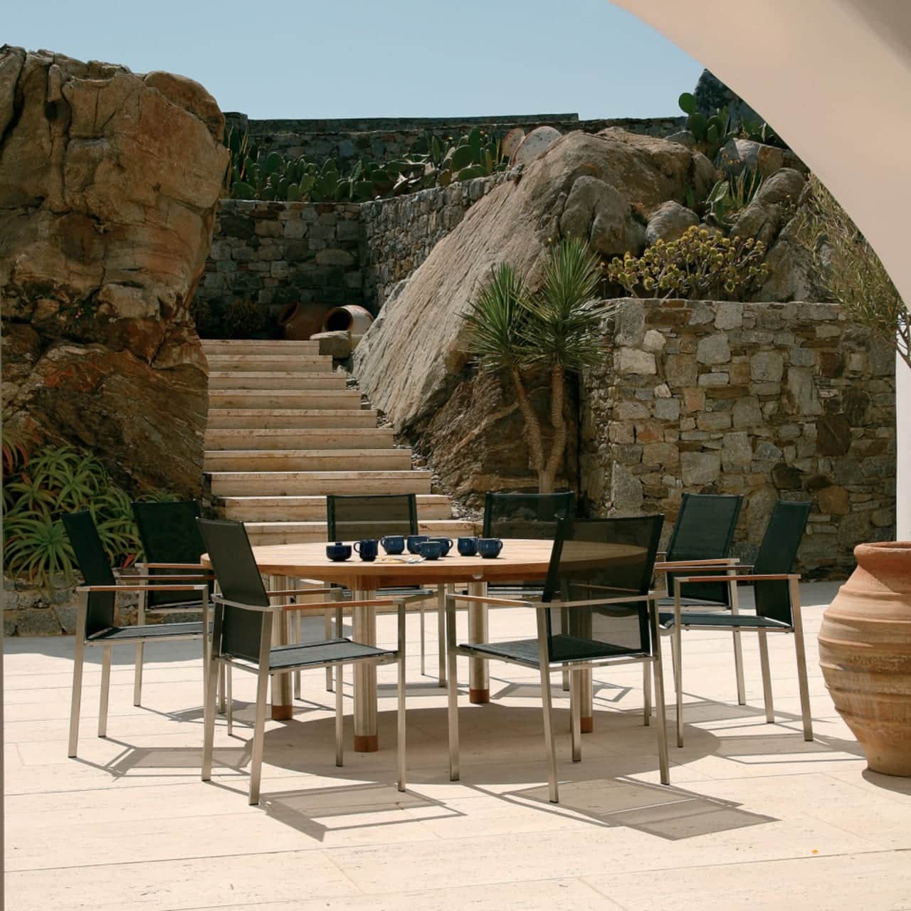 Barlow Tyrie Mercury Dining Armchairs (Charcoal Sling) | Equinox 71" Circular Dining Table