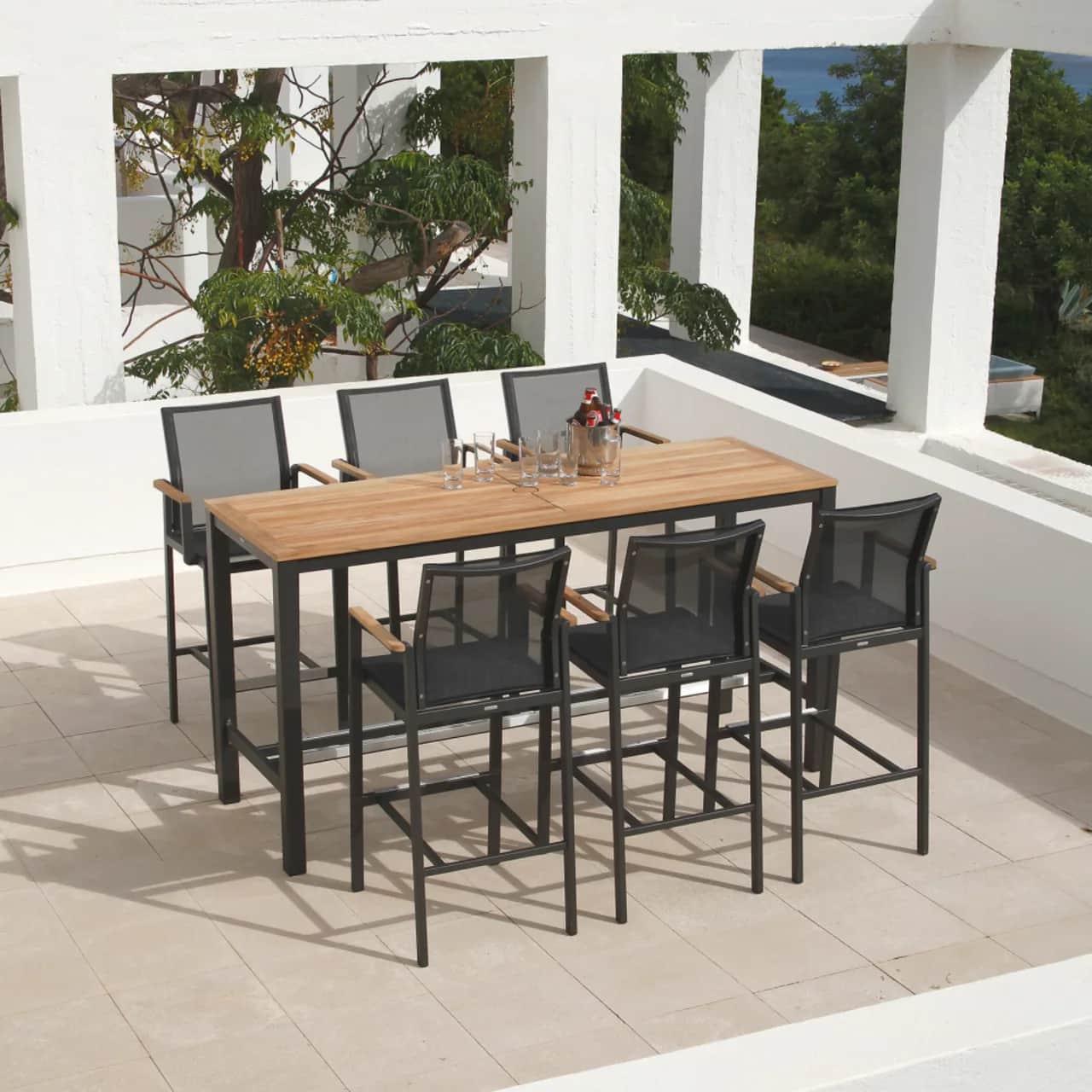 Barlow Tyrie Aura 78" Teak Bar Table with Aura High Carver Chairs (Graphite)