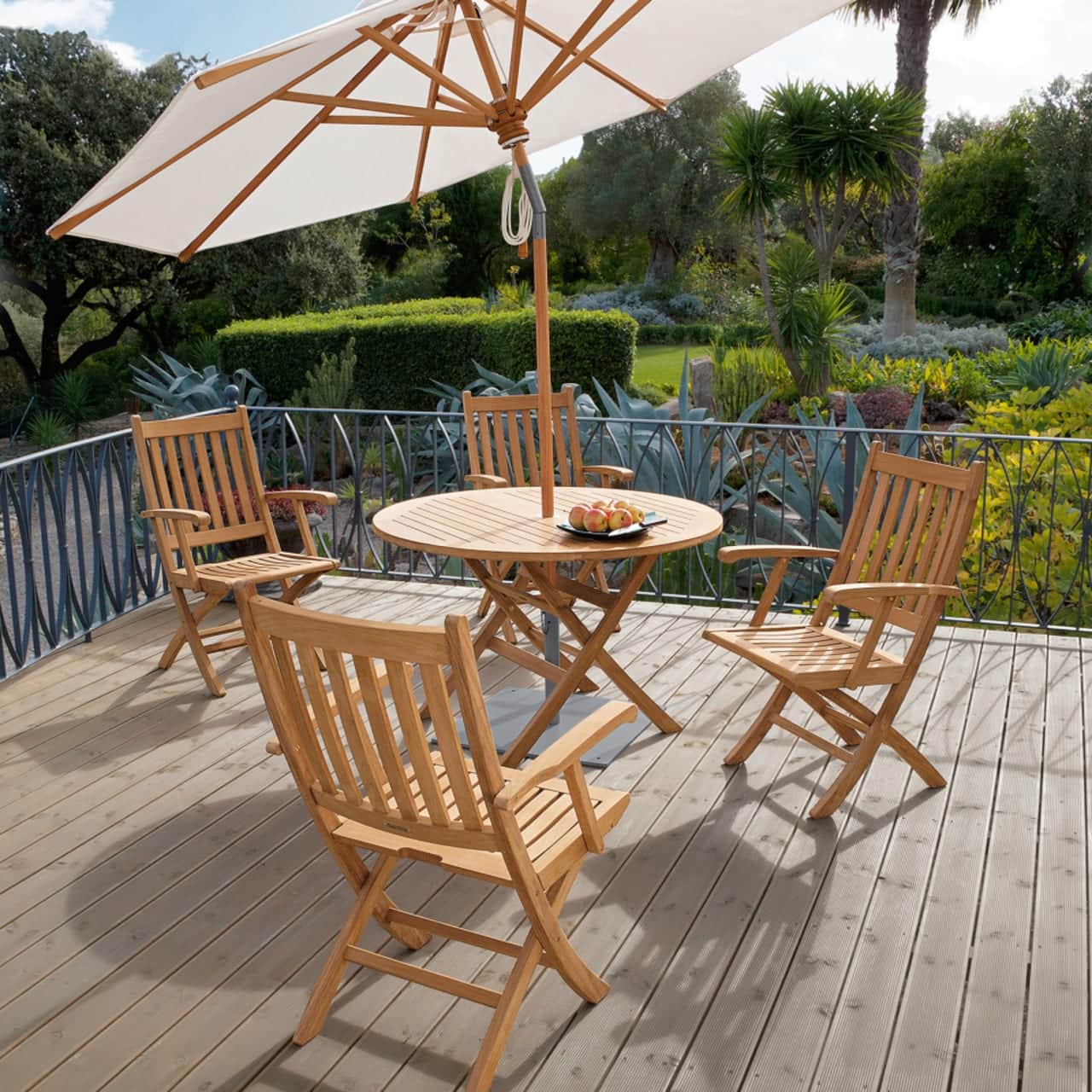 Barlow Tyrie Ascot Teak Folding Carver Armchair and 43" Teak Folding Circular Dining Table with Napoli 9'2" Tilting Umbrella