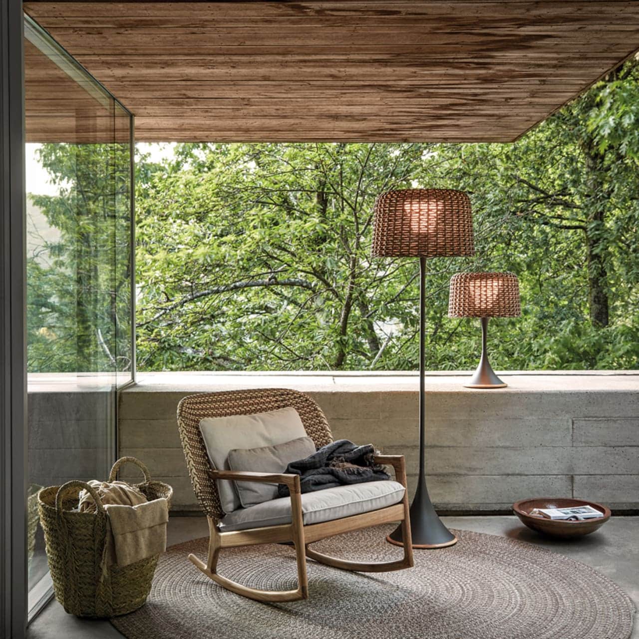 Gloster Kay Low Back Rocking Chair | Ambient Tall & Small Mesh Lanterns