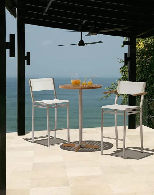 Barlow Tyrie Equinox High Dining Carver and Side Chair (Sling, Pearl) with 27" Pedestal Bar Table