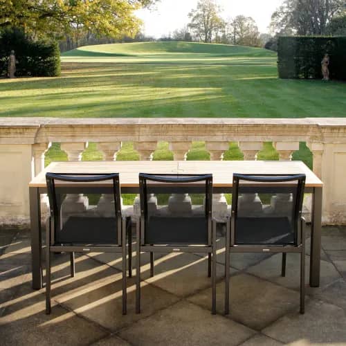 Barlow Tyrie Aura Side Chairs with 79" Narrow Teak Dining Table