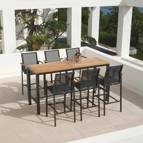 Barlow Tyrie Aura 78" Teak Bar Table with Aura High Carver Chairs (Graphite)