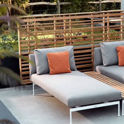 Barlow Tyrie Layout Lounger and Layout 65" Teak Low Narrow Table with Woodland Horizontal Teak Screen