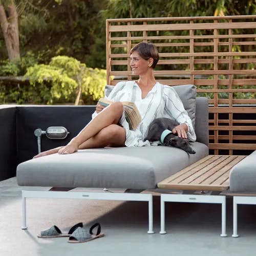 Barlow Tyrie Layout Lounger and Layout 65" Teak Low Narrow Table with Woodland Screen