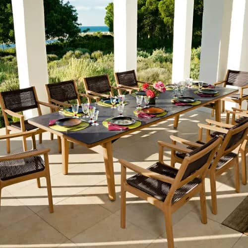 Barlow Tyrie Monterey Armchairs with 118" Ceramic Top Dining Table