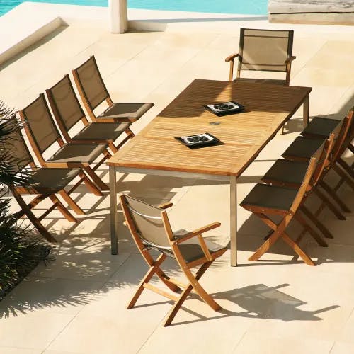 Barlow Tyrie Horizon Folding Carver Armchairs and Side Chairs with Equinox 59-90" Extending Dining Table