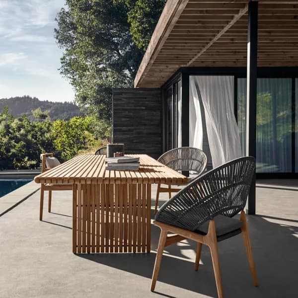 Gloster Deck Table + Bora Dining Set Teak | Essential Granite Cushion Fabric